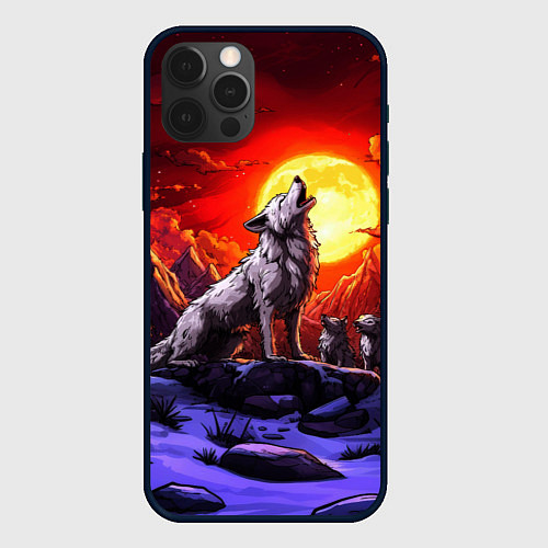 Чехол iPhone 12 Pro Max Белый волк воет на луну / 3D-Черный – фото 1