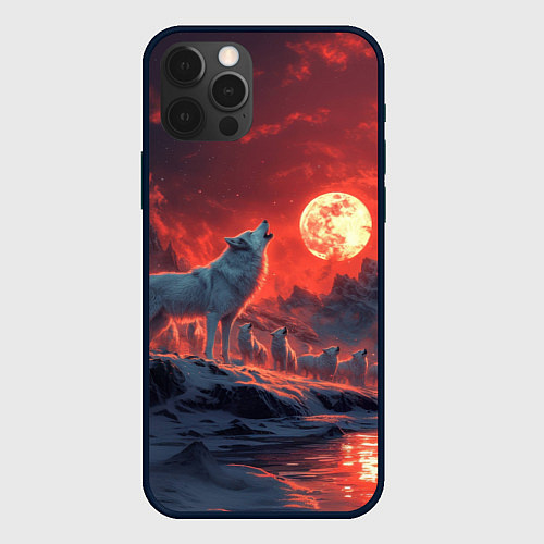 Чехол iPhone 12 Pro Max Белый волк воет на луну / 3D-Черный – фото 1