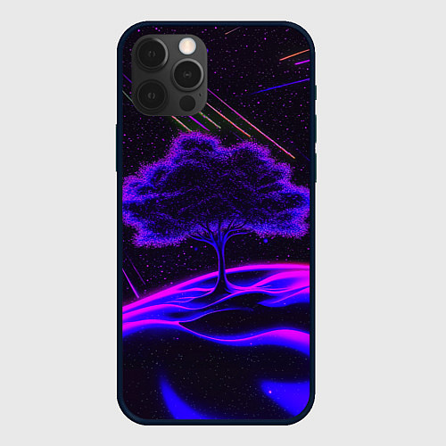 Чехол iPhone 12 Pro Max Дерево и звездопад неоновый космос / 3D-Черный – фото 1