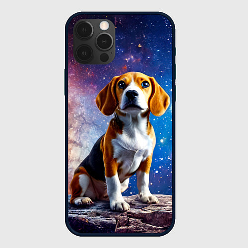Чехол iPhone 12 Pro Max Бигль в космосе / 3D-Черный – фото 1