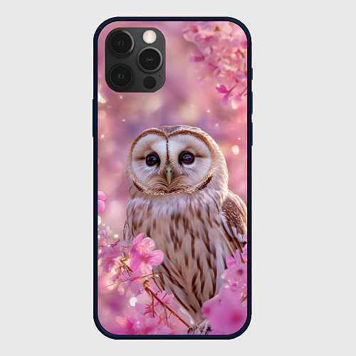 Чехол iPhone 12 Pro Max Белая сова и розовые цветы / 3D-Черный – фото 1