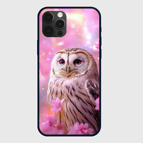 Чехол iPhone 12 Pro Max Большая сова в розовых цветах / 3D-Черный – фото 1