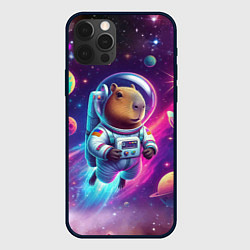 Чехол iPhone 12 Pro Max Космонавт капибара в неоновом космосе