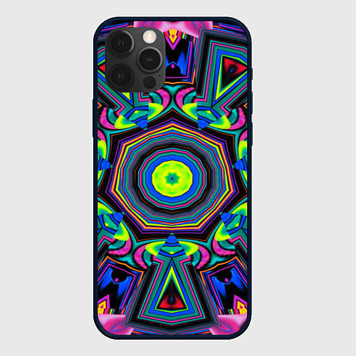 Чехол iPhone 12 Pro Max Оптический узор неоновые краски / 3D-Черный – фото 1