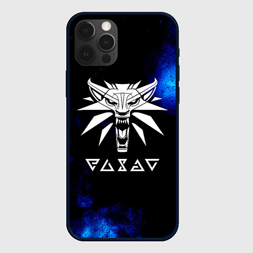 Чехол iPhone 12 Pro Max Ведьмак лого синие краски / 3D-Черный – фото 1