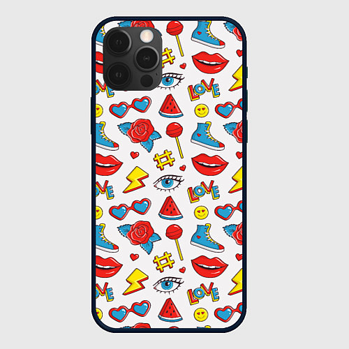 Чехол iPhone 12 Pro Max Паттерн с яркими молодежными стикерами / 3D-Черный – фото 1