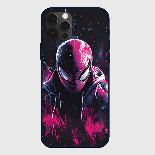 Чехол iPhone 12 Pro Max Человек-паук и розовая краска / 3D-Черный – фото 1