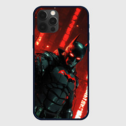 Чехол iPhone 12 Pro Max Черный Бэтмен на фоне красного города