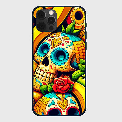 Чехол iPhone 12 Pro Max Colorfull skulls and bananas - pop art pattern / 3D-Черный – фото 1