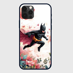 Чехол для iPhone 12 Pro Max Бэтмен прыгает над цветами и бабочками, цвет: 3D-черный