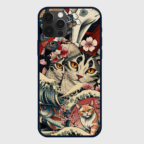 Чехол iPhone 12 Pro Max Котики и рыбки в сакуре / 3D-Черный – фото 1