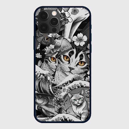 Чехол iPhone 12 Pro Max С котами и рыбой на фоне сакуры в волнах / 3D-Черный – фото 1