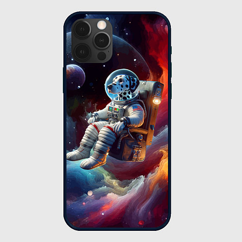 Чехол iPhone 12 Pro Max Космонавт далматинец в неоновой галактике / 3D-Черный – фото 1