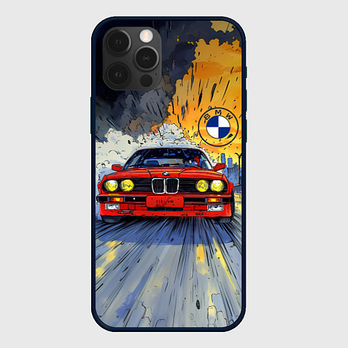 Чехол iPhone 12 Pro Max Красная BMW на скорости / 3D-Черный – фото 1