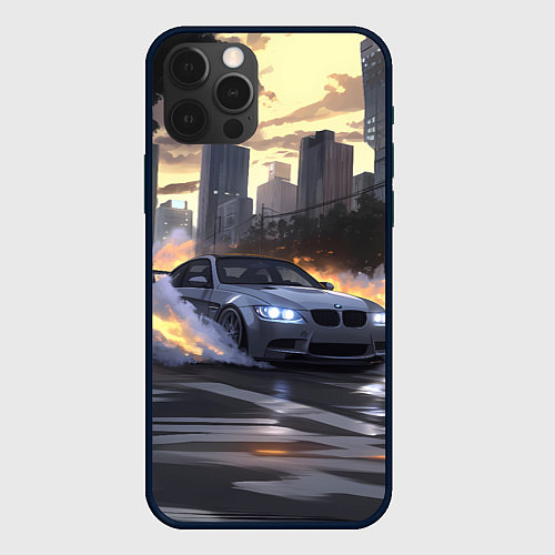 Чехол iPhone 12 Pro Max БМВ в вечернем городе / 3D-Черный – фото 1
