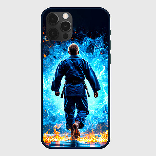 Чехол iPhone 12 Pro Max Дзюдоист в синем пламени / 3D-Черный – фото 1