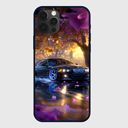 Чехол для iPhone 12 Pro Max БМВ и фиолетовые цветы, цвет: 3D-черный