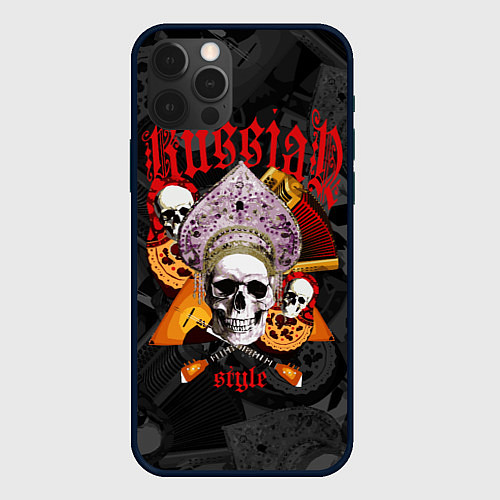 Чехол iPhone 12 Pro Max Череп в кокошнике на фоне матрёшек и балалаек / 3D-Черный – фото 1