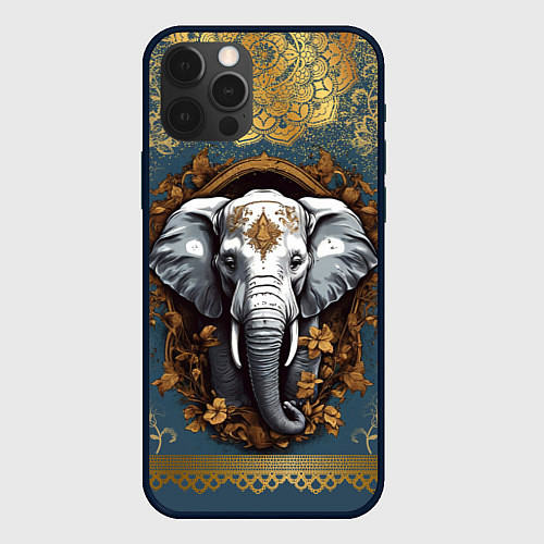 Чехол iPhone 12 Pro Max Слон лотос и золотая мандала / 3D-Черный – фото 1