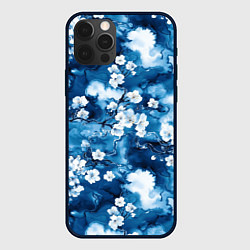 Чехол iPhone 12 Pro Max Цветы белой сакуры - паттерн на синем фоне