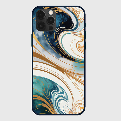 Чехол iPhone 12 Pro Max Аквамарин и оранж узор с завитками / 3D-Черный – фото 1