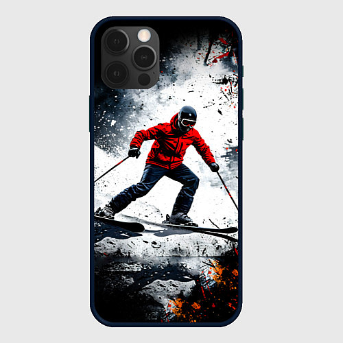 Чехол iPhone 12 Pro Max Лыжник в движении / 3D-Черный – фото 1