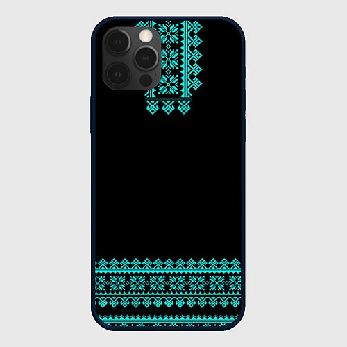 Чехол iPhone 12 Pro Max Славянские узоры и орнамент голубой - вышиванка ру / 3D-Черный – фото 1