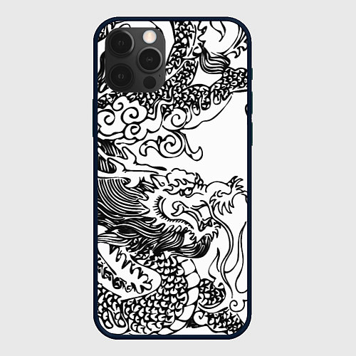 Чехол iPhone 12 Pro Max Татуировка дракона на белом / 3D-Черный – фото 1
