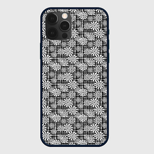 Чехол iPhone 12 Pro Max Белые ромашки на клетчатом черно белом фоне / 3D-Черный – фото 1