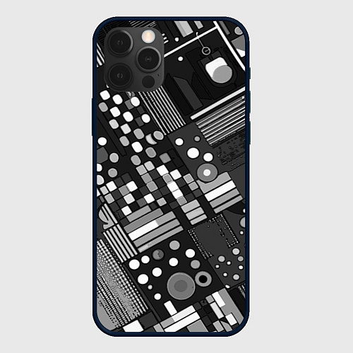 Чехол iPhone 12 Pro Max Тёмный серый абстракция квадраты кружочки / 3D-Черный – фото 1