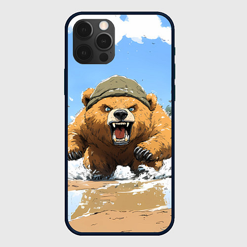 Чехол iPhone 12 Pro Max Медведь бежит среди волн / 3D-Черный – фото 1