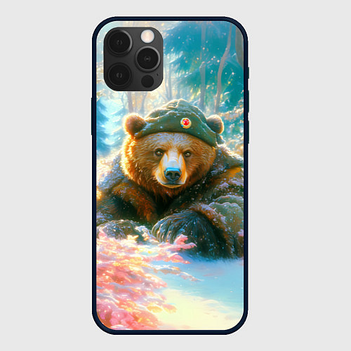 Чехол iPhone 12 Pro Max Русский медведь военный в лесу / 3D-Черный – фото 1