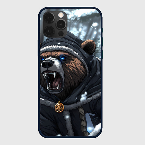 Чехол iPhone 12 Pro Max Зима - русский медведь / 3D-Черный – фото 1