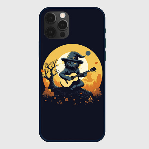 Чехол iPhone 12 Pro Max Кот играет на гитаре под луной / 3D-Черный – фото 1