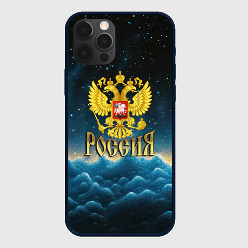 Чехол iPhone 12 Pro Max Россия - герб на синем небе / 3D-Черный – фото 1