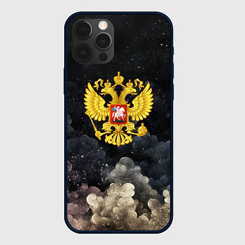 Чехол iPhone 12 Pro Max Золотой герб РФ на абстрактном небе / 3D-Черный – фото 1