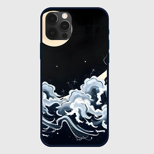 Чехол iPhone 12 Pro Max Японские волны и луна / 3D-Черный – фото 1