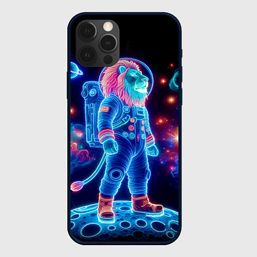 Чехол iPhone 12 Pro Max Неоновый лев космонавт - нейроарт / 3D-Черный – фото 1