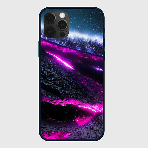 Чехол iPhone 12 Pro Max Фентази город неон / 3D-Черный – фото 1