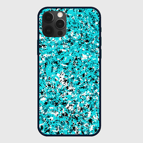 Чехол iPhone 12 Pro Max Пёстрый голубой с чёрно-белыми хлопьями / 3D-Черный – фото 1