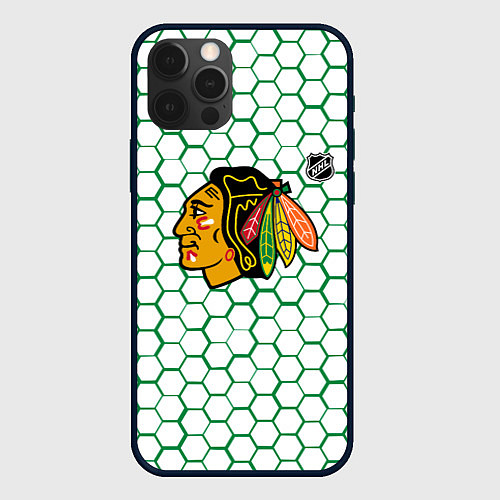 Чехол iPhone 12 Pro Max Чикаго Блэкхокс - белые соты с зеленой обводкой / 3D-Черный – фото 1