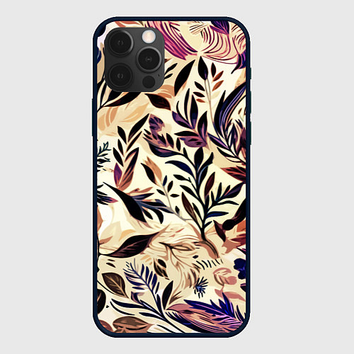 Чехол iPhone 12 Pro Max Цветочный светло-коричневый с листьями / 3D-Черный – фото 1