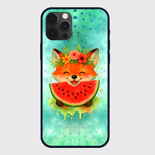 Чехол iPhone 12 Pro Max Веселая лисичка ест арбуз / 3D-Черный – фото 1