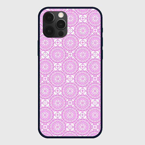 Чехол iPhone 12 Pro Max Бело розовый ажурный кружевной узор / 3D-Черный – фото 1
