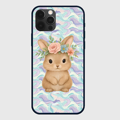 Чехол iPhone 12 Pro Max Зайчик с венком из цветов на голове / 3D-Черный – фото 1