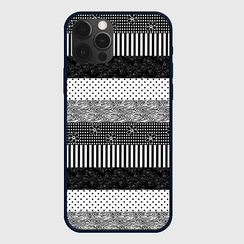 Чехол iPhone 12 Pro Max Черно белый полосатый узор из лоскутов / 3D-Черный – фото 1