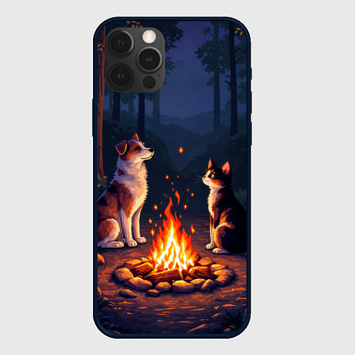 Чехол iPhone 12 Pro Max Пёс и кот возле костра - пиксель арт / 3D-Черный – фото 1