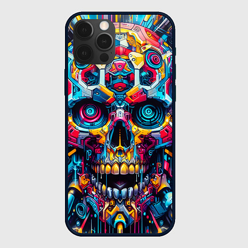 Чехол iPhone 12 Pro Max Кибер череп - нейроарт паттерн / 3D-Черный – фото 1