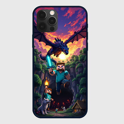 Чехол iPhone 12 Pro Max Дракон края и Стив - Майнкрафт арт / 3D-Черный – фото 1