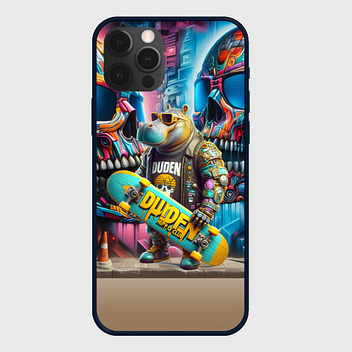 Чехол iPhone 12 Pro Max Hippo with longboard - graffiti / 3D-Черный – фото 1